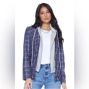BLUE REVIVAL Hooded Helen Blazer in Navy Plaid & Heather Cement (S)